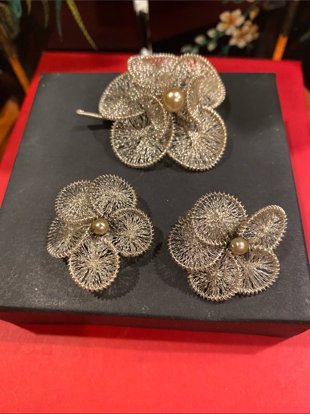 Germany Gold-Tone Filigree Flower Brooch and Earring Set with Pearl Centers